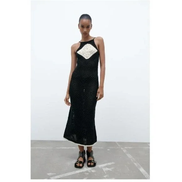 Zara Black Openwork Pointelle Knit Maxi Dress Size Medium